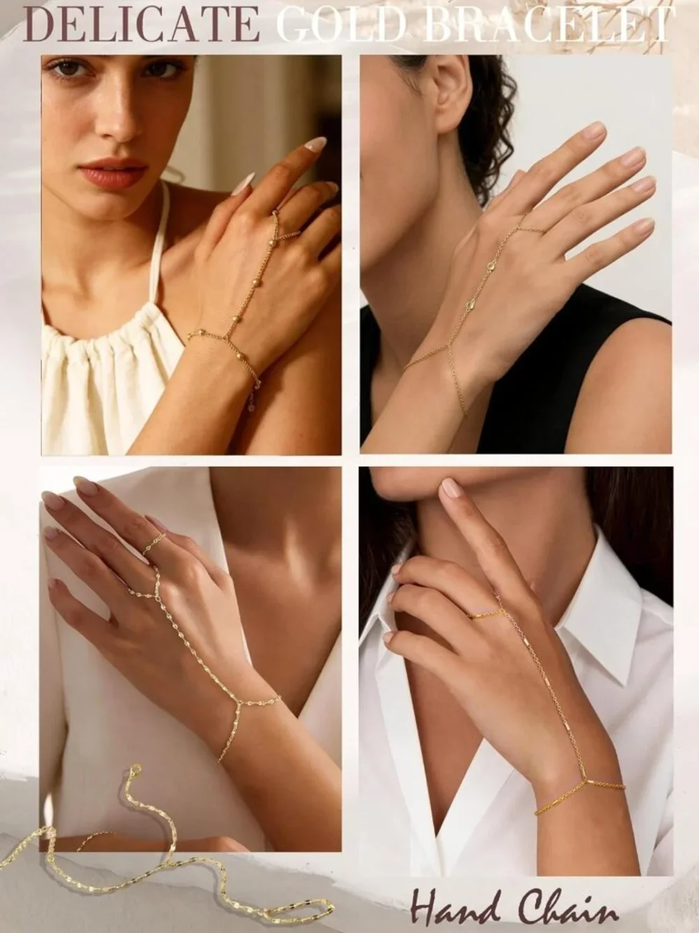 Dainty Gold Hand Chain Bracelets Set - 14K Plated Stackable Ring & Beaded